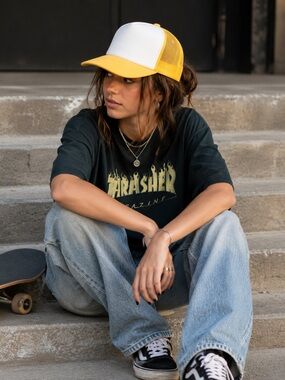 Vintage Yellow Trucker Hat‎ Blank Foam Front Mesh Snapback Designer Award S/M